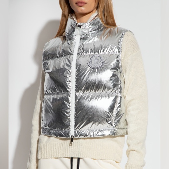 MONCLER NWT Blavet Silver Down Quilted Puffer Vest 3 L Metallic - Picture 3 of 16
